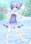  1girl absurdres barefoot blue_eyes blue_hair blurry blush bob_cut bow choko_(mixberry_parfait) cirno depth_of_field dress hair_bow hand_on_hip hand_up highres hill house ice ice_wings index_finger_raised lake looking_at_viewer neck_ribbon open_mouth pigeon-toed ribbon ripples scarlet_devil_mansion short_hair sketch sky smile solo standing standing_on_liquid touhou wings 