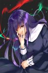  153107 1girl asagami_fujino bangs blue_dress breasts dress energy fate/grand_order fate_(series) hand_on_own_face highres japanese_clothes kara_no_kyoukai long_hair long_sleeves purple_hair red_eyes school_uniform solo 