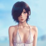  1girl bare_shoulders black_hair blue_background blue_eyes blurry blurry_background breasts dress earrings hair_over_one_eye highres jewelry kirishima_touka lips looking_at_viewer miura-n315 parted_lips short_hair small_breasts solo tokyo_ghoul upper_body white_dress 