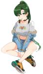  1girl breasts fire_emblem fire_emblem:_rekka_no_ken food green_eyes green_hair high_ponytail highres jacket long_hair looking_at_viewer lyndis_(fire_emblem) navel nintendo ormille ponytail popsicle shorts simple_background solo very_long_hair 