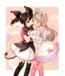  4girls ;d ^_^ animal_band_legwear animal_ears bangs black_hair black_legwear blue_bow blue_shirt bow cheek-to-cheek closed_eyes closed_eyes clouds commentary_request cosplay demon_tail gloves grey_hair hair_bow hand_holding highres kuromi kuromi_(cosplay) long_hair love_live! love_live!_school_idol_project maid_headdress minami_kotori multiple_girls my_melody my_melody_(cosplay) nail_polish one_eye_closed one_side_up onegai_my_melody open_mouth pink_background pink_legwear pink_shirt ponpei_(pp_itt) rabbit rabbit_ears red_eyes red_nails sanrio shirt short_sleeves skirt skull_print smile star starry_background striped striped_shirt tail thigh-highs twintails vertical-striped_shirt vertical_stripes white_gloves wristband yazawa_nico 