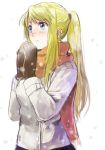  1girl bangs blonde_hair blue_eyes blush brown_gloves cowboy_shot earrings expressionless fullmetal_alchemist gloves hands_together jacket jewelry long_hair looking_up orange_scarf ponytail riru scarf shaded_face simple_background snow snowflakes snowing solo steam upper_body white_background winry_rockbell winter 