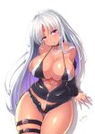  1girl azur_lane bare_shoulders bikini_top black_jacket blush breasts c.r. cleavage dark_skin jacket large_breasts long_hair long_sleeves looking_at_viewer massachusetts_(azur_lane) multicolored_hair native_american navel open_clothes parted_lips silver_hair solo swimsuit tattoo thigh_strap violet_eyes 
