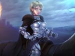  1girl animal armor black_cape blonde_hair boobplate breastplate cape closed_mouth clouds cloudy_sky fur_trim gauntlets green_eyes highres horiishi_horuto horse horseback_riding knight original outdoors riding saddle sheath sheathed short_hair sky solo sword weapon 