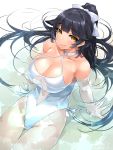  1girl animal_ears arm_support azur_lane bare_shoulders black_hair blush bow breasts casual_one-piece_swimsuit center_opening cleavage collarbone commentary_request cowboy_shot criss-cross_halter curvy dog_ears eyebrows_visible_through_hair groin hair_between_eyes hair_bow hair_ears hair_flaps halterneck happa_(cloverppd) highleg highleg_swimsuit large_breasts light_smile lips looking_at_viewer navel_cutout one-piece_swimsuit pink_lips ponytail ribbon shiny shiny_skin sitting solo swimsuit takao_(azur_lane) thighs white_bow white_ribbon white_swimsuit yellow_eyes 
