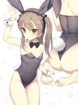  1girl animal_ears ass ass_visible_through_thighs bangs bare_shoulders barefoot black_leotard blush bow bowtie breasts brown_eyes brown_hair bunny_tail bunnysuit covered_navel detached_collar eyebrows_visible_through_hair fake_animal_ears feet frown girls_und_panzer groin hair_between_eyes hair_ribbon highleg highleg_leotard highres ikomochi leotard long_hair multiple_views one_side_up rabbit_ears ribbon shimada_arisu shiny shiny_clothes shiny_hair side_ponytail sitting small_breasts soles tail white_background wrist_cuffs 