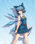  &gt;:( 1girl adapted_costume ascot bangs bare_shoulders belt blue_bow blue_dress blue_eyes blue_hair bow breasts cirno collarbone commentary dress english_commentary eyebrows_visible_through_hair feet_out_of_frame hair_bow hater_(hatater) highres ice ice_wings looking_to_the_side medium_breasts pinafore_dress pointy_ears rain shadow shirt short_hair short_sleeves shoulder_cutout skirt_hold solo standing thighs touhou v-shaped_eyebrows wet white_shirt wings yellow_neckwear 