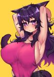  1girl absurdres animal_ears armpits arms_behind_head arms_up blush breasts cat_ears closed_mouth dark_skin highres large_breasts nyarla_(osiimi) original osiimi pov purple_hair shiny shiny_skin violet_eyes 