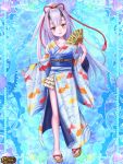  1girl animal_print blue_background blue_kimono fan fish_print folding_fan full_body gears hair_ornament hand_up horns japanese_clothes kerberos_blade kimono lavender_hair long_hair looking_at_viewer magia_steam sandals solo standing very_long_hair wide_sleeves yellow_eyes 
