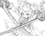  1girl aiguillette belt daiba_nana dual_wielding fur_trim greyscale hair_between_eyes holding holding_sword holding_weapon jacket_on_shoulders lourie monochrome open_mouth pleated_skirt sash shoujo_kageki_revue_starlight skirt solo sword twintails v-shaped_eyebrows waist_cape weapon 