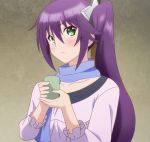  1girl ameno_sagiri aqua_eyes blush cup headband highres ponytail purple_hair scarf screencap stitched teacup third-party_edit yuragisou_no_yuuna-san 