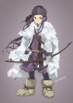 1girl absurdres ainu ainu_clothes arrow asirpa bandanna black_eyes black_hair boots bow_(weapon) cape character_name dagger earrings full_body fur_boots fur_cape golden_kamuy highres hoop_earrings jewelry long_hair looking_at_viewer minamito open_mouth purple_background quiver scabbard sheath sheathed simple_background solo weapon 