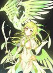  1girl absurdres blush bow breasts cleavage cyg38801 daybreaker_(elsword) elf elsword eyebrows_visible_through_hair familiar green_eyes green_hair hair_ornament highres holding holding_weapon long_hair pointy_ears rena_(elsword) smile weapon 