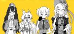  4girls absurdres animal_ears bonnet bow bowtie bren_(girls_frontline) capoki cat_ears crying cup drinking girls_frontline glasses gloves hat highres idw_(girls_frontline) jacket l85a1_(girls_frontline) military military_hat military_uniform multiple_girls necktie puffy_sleeves saucer suspenders tea teacup tongue tongue_out uniform welrod_mk2_(girls_frontline) 