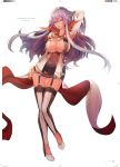  1girl absurdres armpit_cutout blue_eyes breasts bridal_gauntlets cleavage dress garter_straps hair_between_eyes hand_in_hair hand_on_thigh highres isabelle_(shadowverse) large_breasts long_hair looking_at_viewer multicolored_hair official_art open_mouth purple_hair shadowverse simple_background solo teddy_(khanshin) thigh-highs two-tone_hair white_hair 