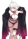 1girl ahoge bikini black_bikini black_cape black_choker breasts cape choker cleavage collarbone commentary_request eyebrows_visible_through_hair fate/grand_order fate_(series) fur_collar hair_between_eyes jeanne_d&#039;arc_(alter_swimsuit_berserker) jeanne_d&#039;arc_(fate)_(all) large_breasts long_hair michihasu o-ring o-ring_bikini o-ring_bottom o-ring_top open_mouth silver_hair simple_background solo swimsuit thigh_strap waist white_background yellow_eyes 