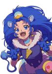  1girl :d animal_ears blue_choker blue_eyes blue_gloves blue_hair choker cure_gelato earrings gloves jewelry kirakira_precure_a_la_mode lion_ears lion_tail long_hair looking_at_viewer magical_girl open_mouth precure simple_background smile solo tail tategami_aoi uyoshi white_background 