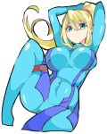  1girl arms_up blonde_hair blue_bodysuit blue_eyes bodysuit breasts covered_navel enpe eyebrows_visible_through_hair highres holster large_breasts leg_up lying metroid nintendo on_back open_mouth ponytail samus_aran simple_background skin_tight white_background 