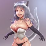  1girl :d animal_ears bangs bare_shoulders black_gloves black_panties breasts bursting_breasts cat_ears cat_girl cat_tail collar elbow_gloves fangs fingernails gloves gradient gradient_background highres horiishi_horuto large_breasts long_fingernails navel open_mouth original panties pink_eyes sharp_fingernails silver_hair skindentation smile solo straight_hair tail tail_raised teeth underwear 