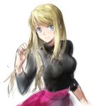  1girl arm_at_side black_shirt blonde_hair blue_eyes breasts cowboy_shot eyebrows_visible_through_hair fullmetal_alchemist hand_up happy long_hair long_sleeves looking_away pink_skirt riru shirt simple_background skirt smile solo upper_body white_background winry_rockbell 