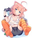  1girl ahoge animal_ears bangs bare_shoulders bike_shorts black_shorts blue_eyes blush breasts cat_ears collarbone commentary_request controller eyebrows_visible_through_hair full_body game_controller head_tilt hinata_channel holding long_hair looking_at_viewer low_twintails mismatched_legwear navel nekomiya_hinata no_shoes orange_legwear parted_lips pink_hair rk_(rktorinegi) short_shorts shorts small_breasts soles solo striped striped_legwear tank_top thigh-highs twintails very_long_hair virtual_youtuber white_background white_tank_top 