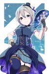  1girl black_eyes black_gloves black_hat black_legwear blue_dress blue_footwear blue_ribbon blush boots bracelet corset dress fan fingerless_gloves garter_straps gloves hair_between_eyes hair_ribbon hand_on_hip hat head_tilt holding holding_fan idolmaster idolmaster_cinderella_girls idolmaster_cinderella_girls_starlight_stage jewelry leg_up looking_at_viewer mini_hat ribbon shiomi_shuuko short_dress short_hair short_sleeves silver_hair smile solo sparkle standing striped sutoroa thigh-highs thigh_boots vertical-striped_dress vertical_stripes 