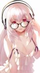  1girl adjusting_eyewear bare_shoulders bespectacled breasts camisole cleavage collarbone dark_jeanne fingernails glasses granblue_fantasy headphones lips long_fingernails long_hair looking_at_viewer nail_polish nido_celisius red_eyes red_nails simple_background solo white_background white_hair 