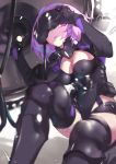  1girl armor armored_dress black_armor black_gloves black_legwear black_leotard breasts cleavage cleavage_cutout commentary_request fate/grand_order fate_(series) gloves gorget holding_shield large_breasts leg_armor leotard looking_at_viewer mash_kyrielight ohland ortenaus pink_hair shield short_hair shoulder_armor sitting solo thigh-highs violet_eyes visor_lift vr_visor 