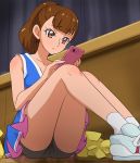  1girl bangs black_panties blunt_bangs brown_eyes brown_hair cellphone cheerleader eri_(hugtto!_precure) eyebrows_visible_through_hair haruyama_kazunori hugtto!_precure indoors panties pantyshot pantyshot_(sitting) phone ponytail precure short_hair sitting socks solo underwear yellow_pom_poms 