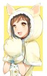  1girl :d animal_hood bang_dream! bangs brown_eyes brown_hair dog_hood fur-trimmed_gloves fur-trimmed_hood fur_trim gloves hands_together hazawa_tsugumi highres hood hood_up komachi_narota looking_at_viewer open_mouth paw_gloves paws pom_pom_(clothes) round_teeth short_hair smile solo teeth upper_body upper_teeth yellow_background 