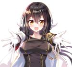  1girl :d azur_lane bangs blush breasts brown_eyes brown_hair brown_jacket cape collarbone curled_horns emphasis_lines epaulettes eyebrows_visible_through_hair gloves gold_trim hair_between_eyes highres horns jacket large_breasts long_hair long_sleeves mikasa_(azur_lane) military_jacket open_mouth outstretched_arms sidelocks simple_background smile solo sparkle very_long_hair white_background white_cape white_gloves youta 