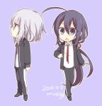  2018 2boys :o ahoge artist_name black_hair dated honebami_toushirou male_focus moegi_(honey_122) multiple_boys namazuo_toushirou open_mouth pants ponytail purple_background touken_ranbu track_pants violet_eyes white_hair 