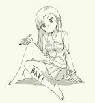  1girl bare_legs barefoot body_writing breast_pocket closed_mouth collared_jacket girls_und_panzer grey_background greyscale head_tilt holding jacket long_hair long_sleeves marker monochrome nishi_kinuyo pas_(paxiti) pleated_skirt pocket simple_background sitting skirt solo 
