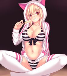  1girl absurdres animal_ears animal_hood bikini blonde_hair breasts cat_ears collarbone commentary english_commentary eyebrows_visible_through_hair fast-runner-2024 food food_on_breasts front-tie_bikini front-tie_top highres hood hood_up hoodie ice_cream long_hair looking_at_viewer original paw_print sitting slit_pupils smile solo striped striped_bikini swimsuit thigh-highs tiffy white_legwear 