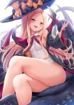  1girl abigail_williams_(fate/grand_order) bangs bare_shoulders bb_(fate)_(all) bb_(swimsuit_mooncancer)_(fate) bb_(swimsuit_mooncancer)_(fate)_(cosplay) black_bow black_coat black_hat blonde_hair blush bow breasts cosplay fate/grand_order fate_(series) forehead hat highres hips legs_crossed leotard long_hair looking_at_viewer neck_ribbon open_mouth orange_bow parted_bangs polka_dot polka_dot_bow popped_collar red_eyes red_ribbon ribbon shimokirin simple_background small_breasts smile solo stuffed_animal stuffed_toy suction_cups teddy_bear tentacle thighs vampire_costume white_background white_leotard wings witch_hat 