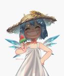  1girl artist_name backlighting blue_hair cirno closed_eyes commentary cowboy_shot dated dress english_commentary facing_viewer flower food grin hand_on_hip hat hat_flower highres holding holding_food ice ice_wings popsicle porforever see-through_silhouette short_hair simple_background sleeveless sleeveless_dress smile solo standing straw_hat sundress sunflower touhou v-shaped_eyebrows watermelon_bar white_background white_dress wings 