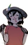  1girl backpack bag black_eyes black_gloves black_hair blood blush gloves hair_between_eyes hat_feather helmet kaban_(kemono_friends) kemono_friends nosebleed oono_tsutomu pith_helmet red_shirt shirt short_hair simple_background smile solo wavy_hair white_background 