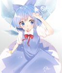 (9) 1girl :o abe_suke absurdres arm_up bangs blue_bow blue_dress blue_eyes blue_hair blue_nails bow bracelet cirno collared_shirt commentary_request dress eyebrows_visible_through_hair fingernails hair_between_eyes hair_bow highres ice ice_wings jewelry nail_polish open_mouth pleated_dress puffy_short_sleeves puffy_sleeves red_bow red_ribbon ribbon round_teeth shirt short_sleeves signature sleeveless sleeveless_dress solo sparkle star teeth touhou upper_teeth white_shirt wings 