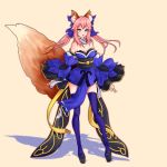  1girl absurdres animal_ear_fluff animal_ears bare_shoulders blue_ribbon blush breasts cleavage collarbone fate/extra fate/grand_order fate_(series) fox_ears fox_girl fox_tail full_body hair_ribbon highres japanese_clothes large_breasts pink_hair ribbon simple_background solo tail tamamo_(fate)_(all) tamamo_no_mae_(fate) yellow_background yellow_eyes 