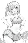  1girl bikini bikini_skirt breasts character_request chestnut_mouth collarbone cowboy_shot creatures_(company) frilled_bikini frills game_freak greyscale hands_on_hips kantai_collection kasumi_(kantai_collection) long_hair looking_at_viewer monochrome navel nintendo pokemon side_ponytail small_breasts solo swimsuit zenri_tsusen 