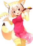  1girl :d alternate_costume animal_ears blonde_hair bowl brown_eyes china_dress chinese_clothes commentary_request dress elbow_gloves extra_ears eyes_visible_through_hair fennec_(kemono_friends) food fox_ears fox_tail gloves highres japari_bun japari_symbol kemono_friends looking_at_viewer makuran medium_hair multicolored_hair open_mouth pink_dress rice side_slit simple_background smile solo tail thigh-highs tray white_background white_hair yellow_legwear 