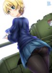  1girl ass black_legwear blonde_hair blue_eyes blue_skirt blue_sweater blush breasts churchill_(tank) commentary_request cup darjeeling from_behind girls_und_panzer ground_vehicle kamogawa_tanuki looking_at_viewer looking_back medium_breasts military military_vehicle motor_vehicle open_mouth pantyhose pleated_skirt saucer school_uniform shiny shiny_hair shiny_skin short_hair simple_background skirt solo st._gloriana&#039;s_school_uniform standing sweater tank teacup tied_hair white_background 