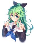  1girl arms_up bangs bare_shoulders black_serafuku blue_neckwear blush choker commentary_request detached_sleeves double_v eyebrows_visible_through_hair green_eyes green_hair hair_between_eyes hair_ornament hair_ribbon hairclip kakeyu kantai_collection long_hair looking_at_viewer neckerchief parted_bangs ribbon school_uniform serafuku shiny shiny_hair simple_background smile tareme upper_body v white_background wide_sleeves yamakaze_(kantai_collection) 