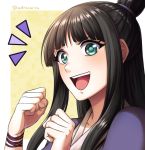 /\/\/\ 1girl adricarra ayasato_mayoi bangs black_hair blue_eyes blunt_bangs clenched_hands gyakuten_saiban long_hair looking_at_viewer open_mouth portrait smile solo topknot twitter_username wristband 