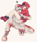  1boy 1girl ae-3803 baseball_cap black_eyes black_shirt blood bloody_clothes cabbie_hat carrying denim denim_shorts gloves hat hataraku_saibou jacket knife long_sleeves mery_(apfl0515) no_pupils pants princess_carry red_blood_cell_(hataraku_saibou) red_eyes redhead shirt shorts u-1146 white_blood_cell_(hataraku_saibou) yellow_eyes 