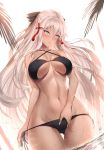  1girl ahoge ass_visible_through_thighs bangs bare_shoulders bikini bikini_tug black_bikini black_bow bow breasts cleavage collarbone dark_skin day eyebrows_visible_through_hair fate/grand_order fate_(series) fingernails groin hair_between_eyes hair_bow hair_ornament half_updo halter_top halterneck highres large_breasts limeblock long_hair looking_at_viewer navel okita_souji_(alter)_(fate) okita_souji_(fate)_(all) outdoors palm_leaf parted_lips revision side-tie_bikini skindentation solo standing stomach string_bikini swimsuit tassel thighs under_boob very_long_hair wading water water_drop wet white_hair yellow_eyes 