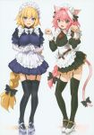  1boy 1girl absurdres alternate_costume animal_ears apron astolfo_(fate) bird blonde_hair blue_eyes blush braid cat_ears cat_tail crossdressinging dress eagle elbow_gloves embarrassed enmaided eyebrows_visible_through_hair fang fate/apocrypha fate/grand_order fate_(series) frills full_body garter_straps gloves grey_background headpiece high_heels highres incredibly_absurdres jeanne_d&#039;arc_(fate) jeanne_d&#039;arc_(fate)_(all) kemonomimi_mode lion long_braid long_hair long_sleeves maid maid_apron maid_headdress open_mouth orange_maru paw_pose pink_hair puffy_sleeves ribbon scan simple_background single_braid tail tail_ribbon thigh-highs violet_eyes waist_apron wrist_cuffs yang-do 