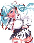  1girl aqua_hair blue_eyes blush breasts buttons character_request copyright_request hair_ribbon hand_on_hip large_breasts long_hair looking_at_viewer necktie onsoku_maru open_mouth ribbon school_uniform sketch skirt solo thigh-highs twintails 