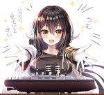  1girl :d azur_lane bangs blush breasts brown_eyes brown_hair brown_jacket cape collarbone commentary_request curled_horns epaulettes eyebrows_visible_through_hair gloves hair_between_eyes highres horns jacket large_breasts long_hair long_sleeves mikasa_(azur_lane) military_jacket model_ship open_mouth outstretched_arms sidelocks simple_background smile solo sparkle translated very_long_hair white_background white_cape white_gloves youta 