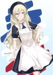  1girl alternate_costume apron aqua_eyes blonde_hair commentary_request detached_collar french_flag headdress kantai_collection long_hair mikage_takashi richelieu_(kantai_collection) smile solo twitter_username 